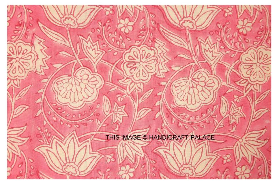 Pink Hand block Print Running Loose 100% Cotton Fabric Printed Decor 25 Yard New - Image 1 of 3