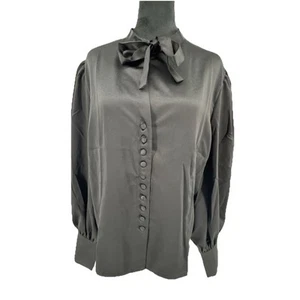 Tom Ford Womens Satin Scarf Neck Top Blouse Black Size XXL Button Puff Sleeve - Picture 1 of 8