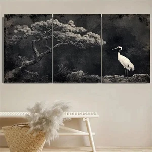 3pcs Minhwa Pine Tree & Cranes Wall Art Canvas Unframed/Framed - Picture 1 of 8