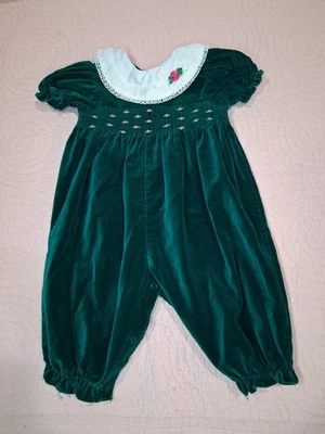 Mameluco Vintage Terciopelo Verde Esmeralda Calado Una Pieza Talla 6-9 M Vacaciones Foto 1 de 4