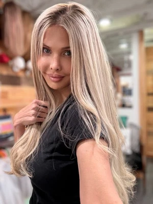 Peluca frontal 100 % cabello humano encaje 26" extra grande rubia con raíces marrones europea Foto 1 de 4