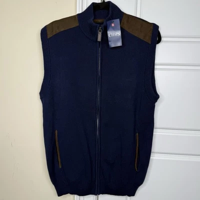 CHAPS Sweater Vest Men’s Medium Navy Full Zip Suede Trim Sleeveless Knit NEW - Image 1 of 4