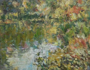 Art Original Oil Painting RM Mortensen "The Duck Pond" Lake Flowers Water - Picture 1 of 1
