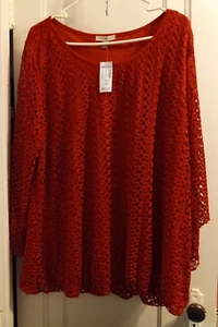 New! Dressbarn Roz & Ali Red Lace Flattering Lined Pullover Top Size 2X - Picture 1 of 3