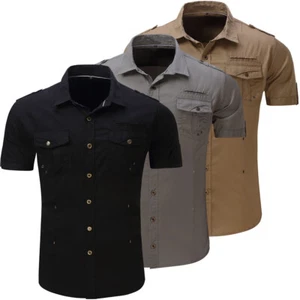 New Men 100% Polyester Military Shirt Short Sleeve Cargo Work Shirts with Pocket - Picture 1 of 17