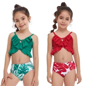 Girls Tankini Sets Adjustable Straps Printed Ruffle Swimsuit Two Piece Swimwear - Picture 1 of 16