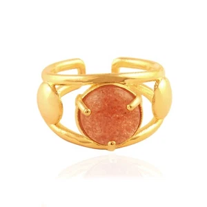 Red Cherry Quartz Gold Plated Prong Set Adjustable  Double Layer Thick Band Ring - Picture 1 of 4