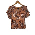 Express Womens Top Small S Short Puff Sleeve V-Neck Floral Brown NWT 