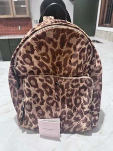 Kate Spade Taylor Large Backpack Black Brown Tan Leopard Pockets Zipper Travel - Picture 1 of 16