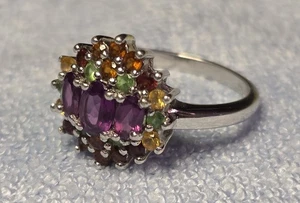 Anillo de cóctel PLATA ESTERLINA RUBOR PÚRPURA GRANATE PERIDOTO CITRINO RACIMO TALLA 8 - Imagen 1 de 5