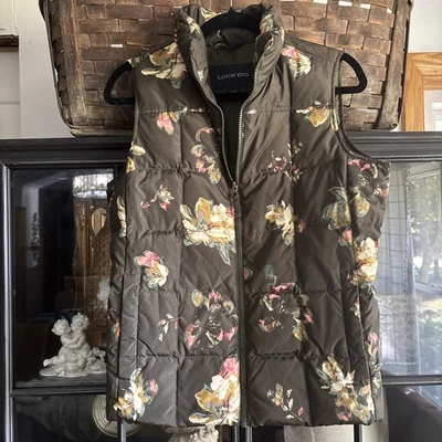 Lands' End Down Fill Quilted Puffer Vest Women's Size S green EXCELLENT  floral  - Image 1 of 4