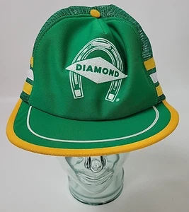 Vintage Diamond Calk Horseshoe Company 3 Stripe Snapback Trucker Hat Green USA - Picture 1 of 11