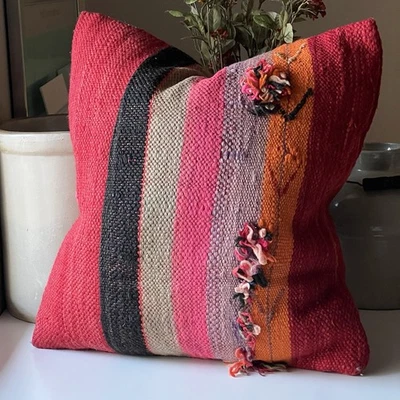 Wool Kilim Pillow Throw Pillow Vibrant Color 18”x18” Square Zipper & Down Insert - Image 1 of 4