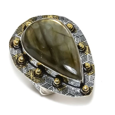 Anillo de plata de ley 925 de dos tonos hecho a mano con piedras preciosas de labradorita tamaño 8,5 q223 Foto 1 de 3