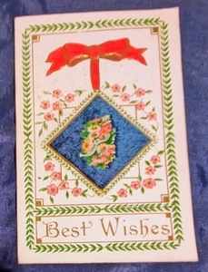 Antique "Best Wishes" Padded Velvet Center Postcard, Embossed, Divided Back - Picture 1 of 2