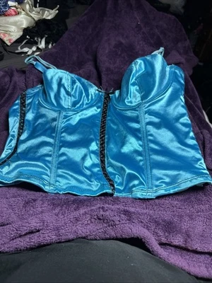 Native Intimates Babydoll Bustier 34B Turquoise Black Lace Trim Adjustable Strap - Image 1 of 4