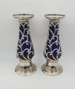 2er Set Vintage Kobaltblau Glas & Silber Stumpenkerzenständer Filigran Schnörkel - Bild 1 von 11