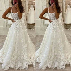 Beach Boho Wedding Dresses Spaghetti Straps Square Neck Corset Tulle Bridal Gown - Picture 1 of 9