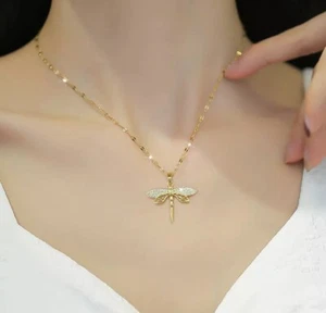 Dragonfly Necklace 316l Gold Stainless Steel CZ High Quality Stunning NEW - Picture 1 of 6