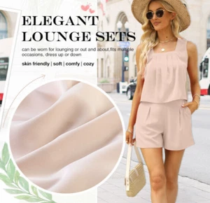 WIHOLL Casual 2 Piece Sleeveless Square Neck Top & Shorts Set Beige Tan LG NEW - Picture 1 of 1