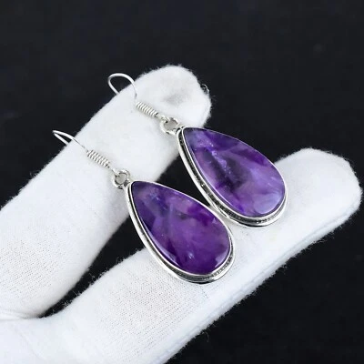 Naturale Ametista Gemma Orecchini 925 Argento Sterling Mano Gioielli per Regalo - Immagine 1 di 4