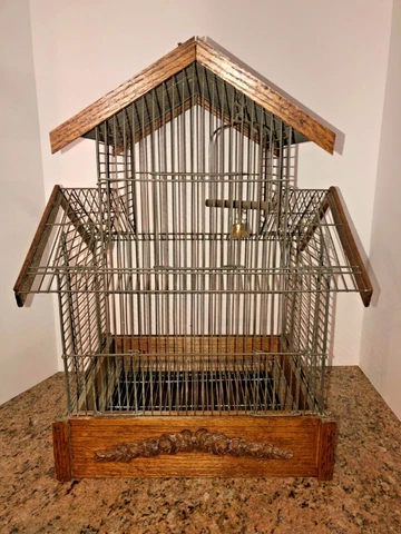 VINTAGE ANTIQUE VICTORIAN BROWN WOOD RUSTIC METAL WIRE BIRD CAGE DECOR 20.5 x 16 Cover