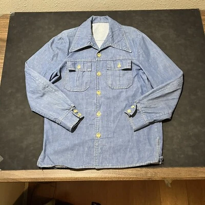 Vintage Big Yank Chambray Denim Shirt Mechanic Dagger Collar 1970s Rodeo Western - Image 1 of 4