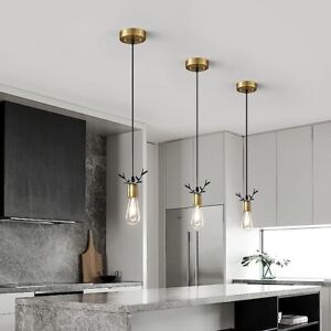 Set of 3 Hanging Pendant Lights Brushed Brass Light Fixtures with Antlers