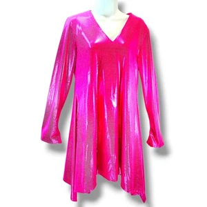 Pink Shiny Metallic Party Dress Mini Tunic Women Sz L Stretch Long Sleeve V Neck - Picture 1 of 11