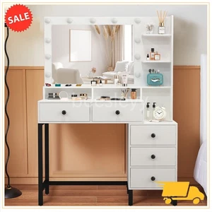 White Dressing Table with Led Lights Large Mirror 5 Drawers White Makeup Desk - Picture 1 of 8