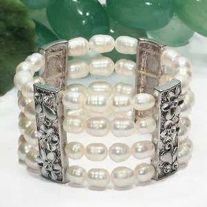 4-reihiges Perlenarmband weiß, echte Perlen, Armband, Armkette, Süßwasserperlen - Bild 1 von 4
