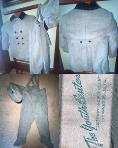 VTG 50S 60S BOYS KIDS 5-6 WOOL MATCHING WINTER COAT AND OVERALL PANTS HAT SET - Picture 1 of 15