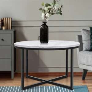 Round Coffee Table Bedside Furniture Elegant Marble Effect X Shape Metal Base - Picture 1 of 9