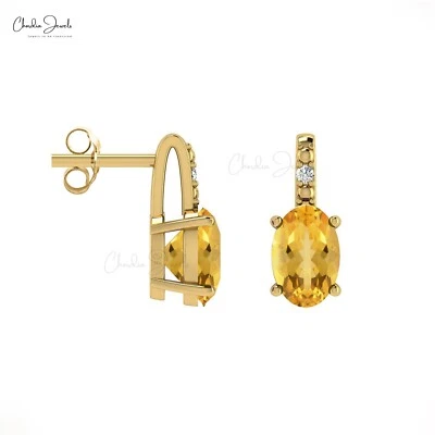 Solid 14k Gold Pave Diamond Stud with 6x4mm Oval Citrine Earrings Gift For Wife - Image 1 of 4