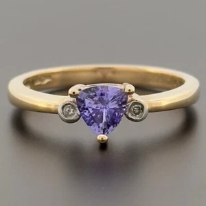 9ct Yellow Gold Tanzanite & Diamond Three Stone Ring Size M Hallmarked - Picture 1 of 10