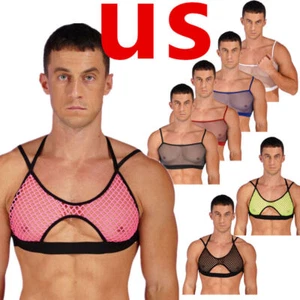 Men's Bra Tops Thin Type Vest Hollow Out Crossdressing Sissy See Through Crop - Picture 1 of 65