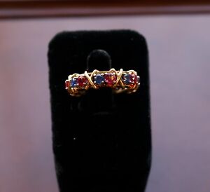 Vintage Tiffany Gold Sapphire & Ruby Sixteen Stone Wedding Band Ring Size 7.5