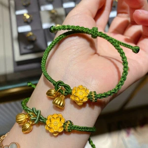 Real 24K Yellow Gold Bracelet Small Lotus Weave Lover Bracelet Loose Beads Gift - Picture 1 of 13