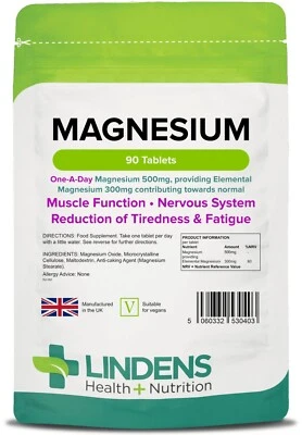 Magnesium (MgO 500mg) x 90 Tablets; Muscle Function, Fatigue; Lindens  - Image 1 of 4