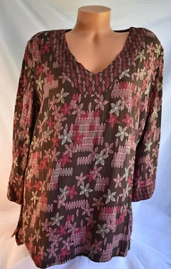 JACLYN SMITH (XL) Tunic BROWN PINK WHITE Abstract Floral Print Crinkle Rayon Top - Picture 1 of 8