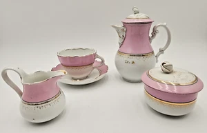 Antique Pink & White German Chocolate Pot Set Teacup Saucer Sugar & Creamer - Picture 1 of 24
