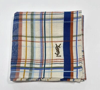 PAÑUELO HOMBRE YSL BEIGE AZUL CUADROS RAYAS PATRÓN BOLSILLO CUADRADO 18" Foto 1 de 4