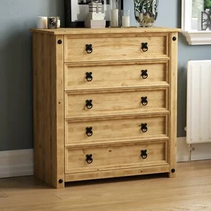 Corona 5 Drawer Rustic Chest Mexican Solid Waxed Pine Storage Bedroom Cabinet - Picture 1 of 8