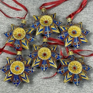 (6) Vintage Dillards Metal Red, Blue, & Gold Cloisonné Star Christmas Ornaments - Picture 1 of 3