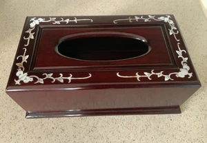 Vntg Wooden Asian Tissue Box Dispenser Cover Holder Mother Of Pearl Inlay 11 X 4 - Picture 1 of 19