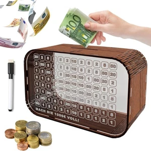 Transparent Acrylic Cash Saving Box 1000 EUR Wooden Bank Cash Saving Money B _ha - Picture 1 of 5