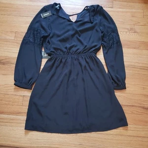 Express Womens Dress Size XS Navy Blue Lace Accents Elastic Waist Long Sleeve - Picture 1 of 8