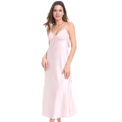 Vestido feminino de cetim de seda roupa de dormir lingerie camisola longa - Imagem 1 de 4