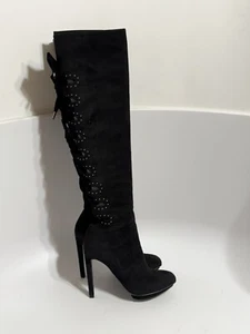 Vtg Alexander McQueen Tall Black Lace Up Cut Out Back Suede Boots 36 - Picture 1 of 20