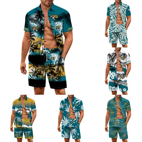 Jacksonville Jaguars Mens Hawaiian Outfits Button Down Casual Top Pockets Shorts Cover
